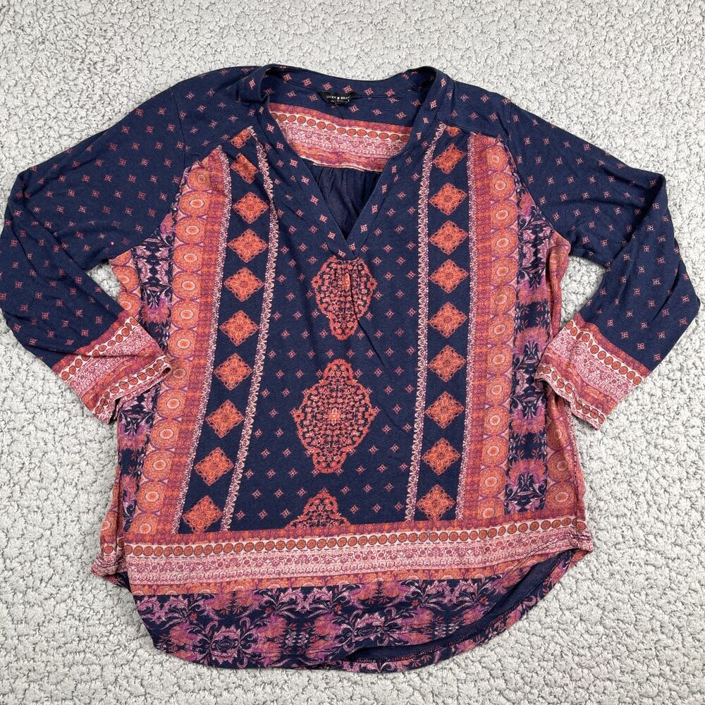 Lucky Brand Navy and Rust Patterned V-Neck Blouse